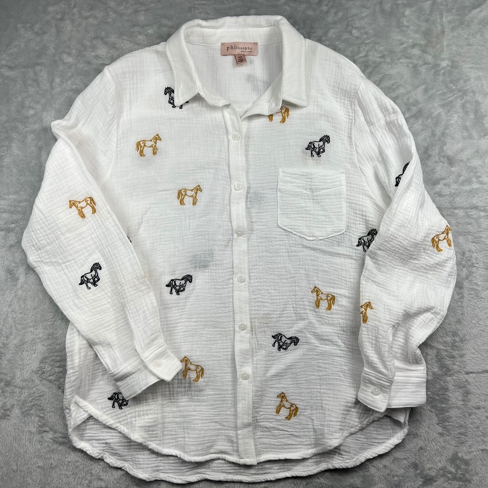Philosophy Republic Clothing White Gauze Horse Embroidered Button Down Shirt M